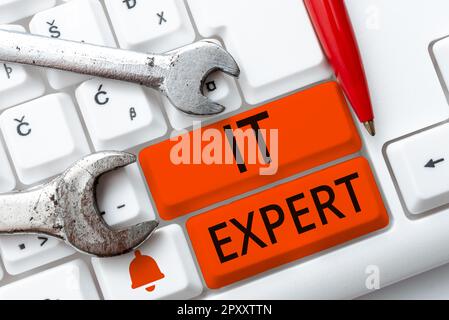 Didascalia di testo Presentazione di un esperto IT, una persona di concetto aziendale con un elevato livello di conoscenza delle tecnologie informatiche Foto Stock