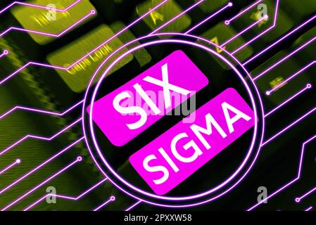 Didascalia di testo che presenta Six Sigma, Word per le tecniche di gestione per migliorare i processi aziendali Foto Stock