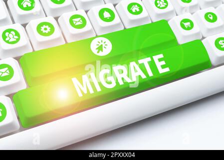 Testo che mostra ispirazione Migrate, Word for per spostarsi o viaggiare da un paese o località ad un altro Foto Stock
