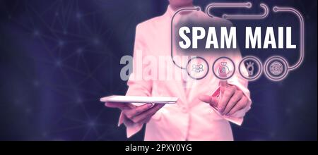 Visualizzazione concettuale Spam Mail, Word scritto su pubblicità intrusiva messaggi inappropriati inviati su Internet Foto Stock