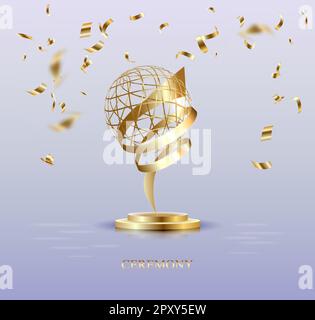 Coppa campione d'oro isolata su sfondo bianco. Illustrazione vettoriale 3D realistica. Trofeo di campionato con particelle di coriandoli scintillanti. Sport Illustrazione Vettoriale