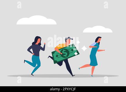 Risparmiando denaro, le persone trasportano una banconota e corrono. Capitale o salari per i dipendenti dell'azienda. Assicurazione bancaria di fondi e investimenti in futuro. Vettore i Illustrazione Vettoriale