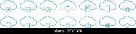 Set di icone blu di cloud computer. Illustrazione vettoriale isolata su sfondo bianco Illustrazione Vettoriale