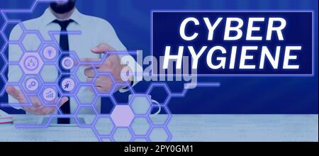 Insegna che mostra Cyber Hygiene, Word scritto sulle misure che gli utenti di computer adottano per migliorare la loro sicurezza informatica Foto Stock