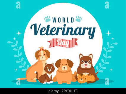 Giornata veterinaria del mondo il 29 aprile Illustrazione con cani o gatti del medico e degli animali carini in cartoon piano disegnati a mano per i modelli della landing page Foto Stock