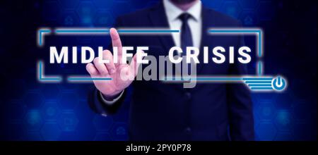 Didascalia di testo Presentazione di Midlife Crisis, foto concettuale tecnica di sviluppo del software che decompone un'applicazione Foto Stock