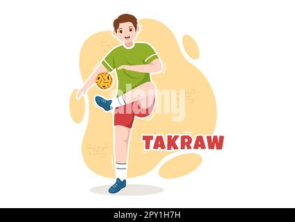 Sepak Takraw Illustrazione con atleta giocando Kick Ball sul campo in Flat Sports Game Competition Cartoon Hand disegnato per Landing Page Template Foto Stock