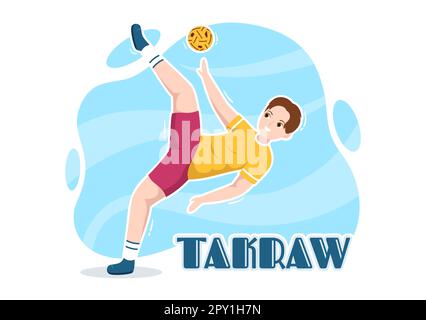 Sepak Takraw Illustrazione con atleta giocando Kick Ball sul campo in Flat Sports Game Competition Cartoon Hand disegnato per Landing Page Template Foto Stock