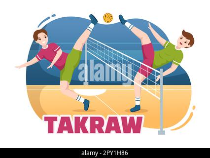 Sepak Takraw Illustrazione con atleta giocando Kick Ball sul campo in Flat Sports Game Competition Cartoon Hand disegnato per Landing Page Template Foto Stock