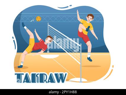 Sepak Takraw Illustrazione con atleta giocando Kick Ball sul campo in Flat Sports Game Competition Cartoon Hand disegnato per Landing Page Template Foto Stock