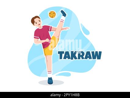 Sepak Takraw Illustrazione con atleta giocando Kick Ball sul campo in Flat Sports Game Competition Cartoon Hand disegnato per Landing Page Template Foto Stock