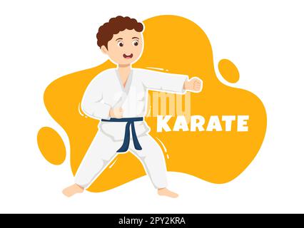 I bambini che fanno alcune mosse di base di arti marziali di Karate, posa combattente e vestendo Kimono in Cartoon mano disegnata per Landing Page Templates Illustrazione Foto Stock