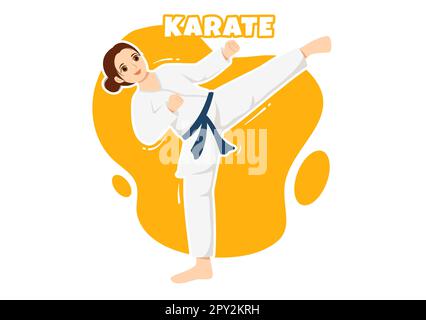 La gente che fa alcune mosse di base di arti marziali di Karate, posa di combattimento e vestendo Kimono in mano di Cartoon disegnata per l'illustrazione di modelli della pagina di atterraggio Foto Stock