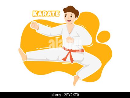 La gente che fa alcune mosse di base di arti marziali di Karate, posa di combattimento e vestendo Kimono in mano di Cartoon disegnata per l'illustrazione di modelli della pagina di atterraggio Foto Stock