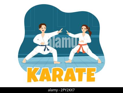 La gente che fa alcune mosse di base di arti marziali di Karate, posa di combattimento e vestendo Kimono in mano di Cartoon disegnata per l'illustrazione di modelli della pagina di atterraggio Foto Stock