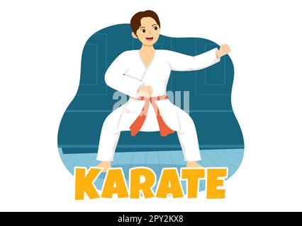 La gente che fa alcune mosse di base di arti marziali di Karate, posa di combattimento e vestendo Kimono in mano di Cartoon disegnata per l'illustrazione di modelli della pagina di atterraggio Foto Stock