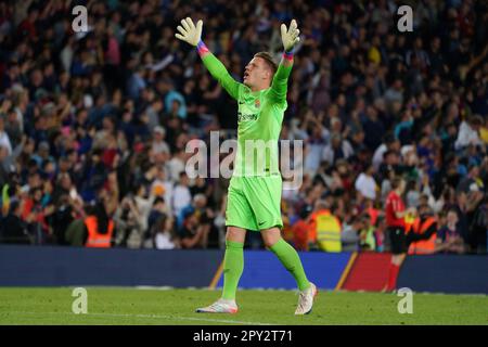 Barcellona, Spagna. 2nd maggio 2023; Camp Nou, Barcellona, Spagna, spagnolo la Liga Football, Barcellona contro Osasuna; Ter Stegen, portiere Barca celebra l'obiettivo da Alba nel 85th minuto per 1-0 credito: Action Plus Sports Images/Alamy Live News Foto Stock