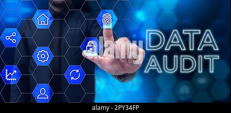 Cartello di testo che mostra Data Audit, Business Showcase Auditing dei dati per valutarne la qualità per uno scopo specifico Foto Stock
