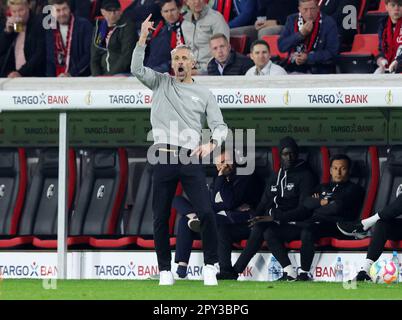 Friburgo, Germania. 02nd maggio, 2023. Firo : 05/02/2023, calcio, DFB-Pokal, stagione 2022/2023, Semifinali, SC Freiburg - RB, Red Bull Leipzig Gesture, Marco Rose, allenatore, RB/dpa/Alamy Live News Foto Stock