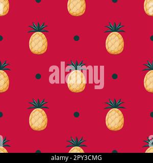 motivo senza cuciture a ananas. ananas maturi su sfondo cremisi. Ornamento senza fine del vettore. Frutti esotici. Colore magenta 2023. Art Nouveau. Foto Stock