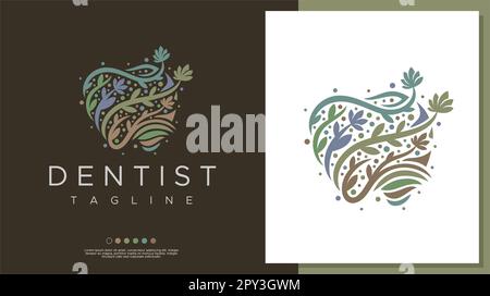 Modello decorativo con logo dentale floreale. Vettore logo dente foglia. Foto Stock