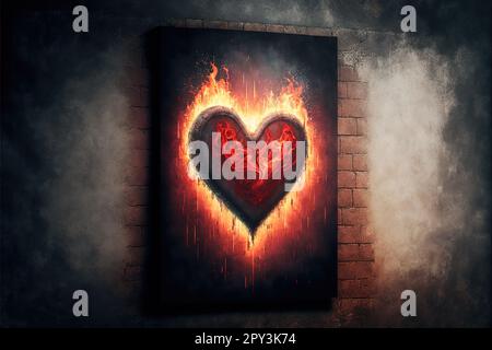 3d rendering della forma rossa del cuore schiarita nel fuoco contro lo sfondo della parete grunge. Foto Stock