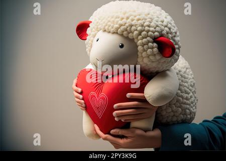 Carini animali ripieni per San Valentino. Adorabili pecore farcite animali abbracci cuore rosso. Foto Stock