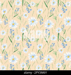 Motivo acquerello senza cuciture con fiori selvatici, non dimenticare, camomilla su sfondo beige. Può essere utilizzato per stampe in tessuto, carta da imballaggio regalo, cucina Foto Stock