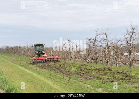 Lancaster County, Pennsylvania: 6 aprile 2023: Il trattore Green John Deere aratri campo preparandosi per la semina primaverile a frutteto locale. Foto Stock