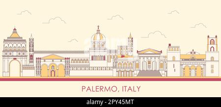 Panorama di Cartoon Skyline della Città di Palermo, Sicilia, Italia - illustrazione vettoriale Illustrazione Vettoriale