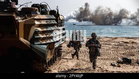 HWAJIN-RI BEACH, Repubblica di Corea del Sud (29 marzo 2023) - la Repubblica di Corea marines tempesta sulla spiaggia di Hwajin-ri durante un assalto anfibio per l'esercizio Ssang Yong 2023. Celebrando il 70th° anniversario dell'alleanza USA-ROK, Ssang Yong 2023 rafforza l'alleanza attraverso una formazione congiunta bilaterale, contribuendo alla difesa combinata del ROK della penisola coreana e aumentando la preparazione dell'alleanza USA-ROK. (STATI UNITI Corpo marino foto di Lance CPL. Jonathan Beauchamp) Foto Stock