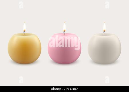 Vector 3D realistico giallo, rosa, paraffina bianca Round Wax Burning Party, candela termale con fiamma di una candela icona set isolato. Modello di progetto, frontale Illustrazione Vettoriale