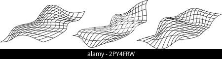 Pacchetto griglia prospettica distorta. Gruppo di piani rettangolari per difetto. Pacchetto di elementi futuristici ondulati. Strutture a reticolo ripple. Raccolta di sfondo astratto del vettore. Illustrazione Vettoriale