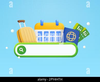 3d valigia con calendario, passaporti, barra di ricerca, pulsante isolato sullo sfondo. Design minimalista per viaggi, vacanze, prenotazioni, trasporti. illustrazione vettoriale 3d. Illustrazione vettoriale Illustrazione Vettoriale