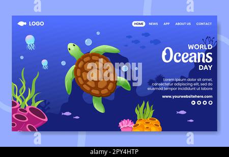 World Oceans Day Social Media Landing Page Flat Cartoon modello disegnato a mano Illustrazione Illustrazione Vettoriale