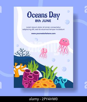 World Oceans Day verticale Poster piano Cartoon modelli disegnati a mano sfondo Illustrazione Illustrazione Vettoriale