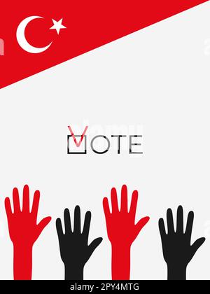 È ora di votare. Vettore del concetto di voto. Elezioni generali e presidenziali. Banner elettorale. Agitazione politica. Mani sollevate vogliono votare. Illustrazione Vettoriale