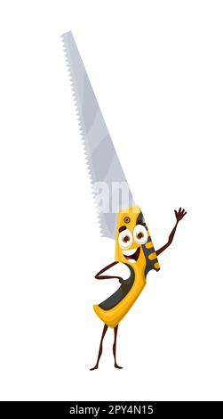 Cartoon personaggio utensile per sega stretta, attrezzature per lavori di carpenteria e oggetti vettoriali per la lavorazione del legno. Divertente cartone animato visto con il sorriso del viso come costruzione fai da te o han Illustrazione Vettoriale