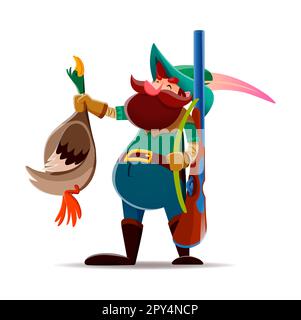 Cartoon gnome o personaggio nana cacciatore. Elfo da giardino, fantasy gnome o fata nano felice carattere isolato vettore. Fiabesco cacciatore di midget cheerful pe Illustrazione Vettoriale