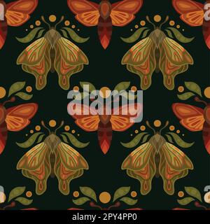Motivo vettoriale senza cuciture con falene e lune su sfondo scuro. Texture mistica con farfalle in fila. Sfondo con insetti Illustrazione Vettoriale