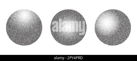 Cerchi granulosi con trama punteggiata di rumore. Palline sfumate con ombra su sfondo bianco. Sfera del pianeta astratta con effetto a mezzitoni. Vettore Illustrazione Vettoriale