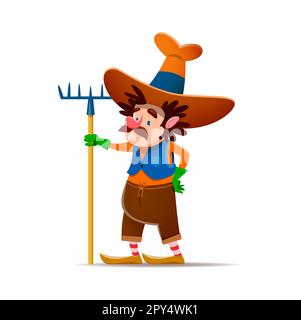 Cartoon gnome o nano contadino carattere con rastrello. Centrocampista da favola, nana da giardino o fantasy gnome personaggio comico vettore. Elf contadino carino carattere Illustrazione Vettoriale