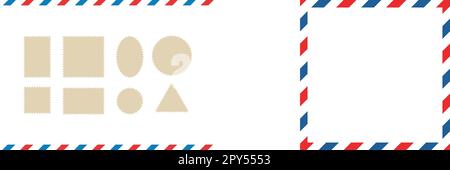 Cornice della busta AirMail con strisce blu e rosse e francobolli. Confine internazionale con lettere vintage. Cartolina per posta elettronica retro. Busta vuota Illustrazione Vettoriale