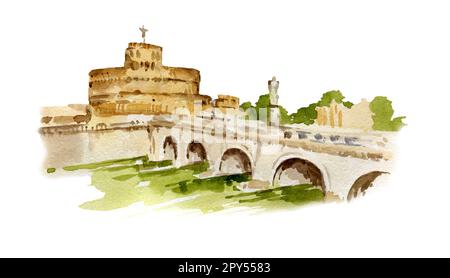 Acquerello illustrazione di Roma, Italia, panorama disegnato a mano del Tevere, ponte e vecchia fortezza isolato su sfondo bianco. Foto Stock