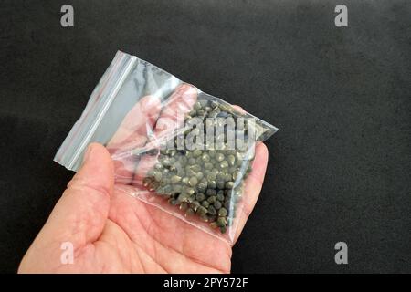 primo piano di semi di okra in un pacchetto, pacchetto pieno di semi di okra su sfondo nero Foto Stock