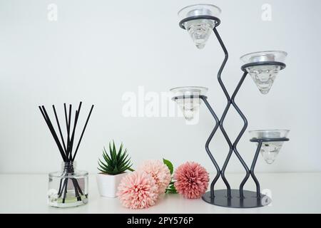 Composizione con bastoncini di incenso, olio essenziale in vaso di vetro e fiori artificiali di spugna rosa. Alto lampadario in metallo. Candela o vaso a righe grigie profumate. Aloe vegetale verde artificiale o kalanchoe Foto Stock