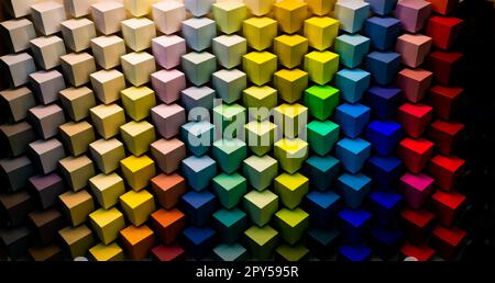 Molti cubi multicolore. Soluzione tecnologica. Immagine 3D. Supporto per corrispondenza colori. Sfondo cubetti colorati Foto Stock
