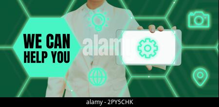 Scrittura a mano del testo possiamo aiutarla. Panoramica aziendale Assistenza Assistenza Assistenza Assistenza Assistenza Assistenza Assistenza clienti attenzione Foto Stock