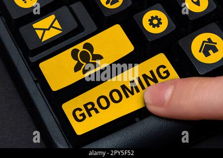 Didascalia di testo che presenta Grooming. Business vetrina igiene e migliorare l'aspetto degli animali domestici Foto Stock