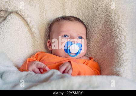 Bambino neonato carino che succhia su un succhietto Foto Stock